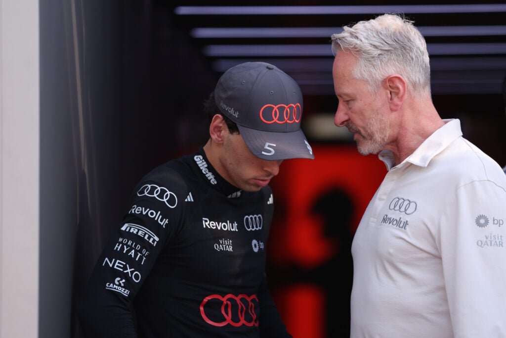 Gabriel Bortoleto of Brazil and Audi F1 Team and Jonathan Wheatley, Team Principal of Audi F1 Team talk during practice ahead of the F1 Grand Prix of Australia at Albert Park Grand Prix Circuit on March 06, 2026 in Melbourne, Australia.
