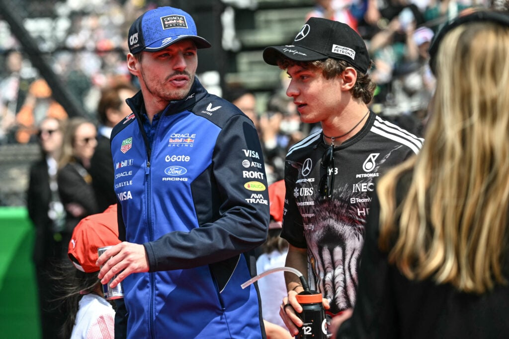 Red Bull's Max Verstappen with Mercedes' Kimi Antonelli during the drivers' parade at the 2026 F1 Japanese Grand Prix
