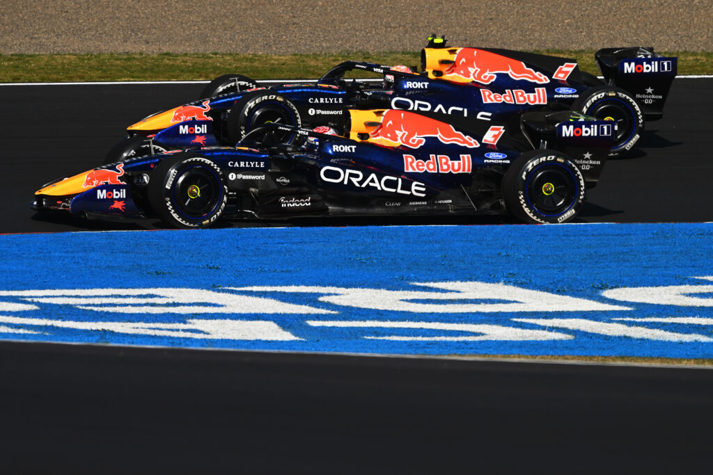 Red Bull's Isack Hadjar and Max Verstappen on track during practice at the 2026 F1 Japanese Grand Prix