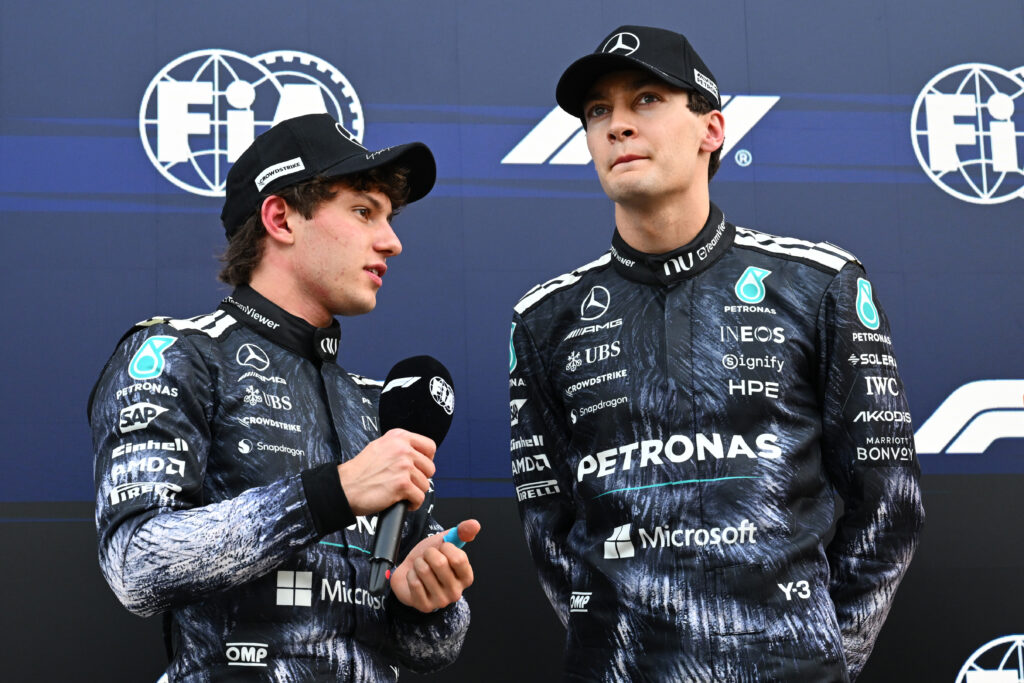Pole position qualifier Andrea Kimi Antonelli of Italy and Mercedes AMG Petronas F1 Team and Second placed qualifier George Russell of Great Britain and Mercedes AMG Petronas F1 Team are interviewed in parc ferme during qualifying ahead of the F1 Grand Prix of Japan at Suzuka Circuit on March 28, 2026.