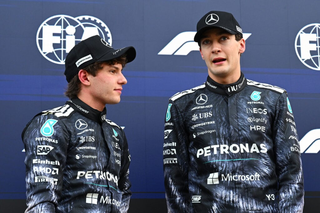 Mercedes drivers Andrea Kimi Antonelli and George Russell in parc ferme at Suzuka after qualifying for the 2026 F1 Japanese Grand Prix