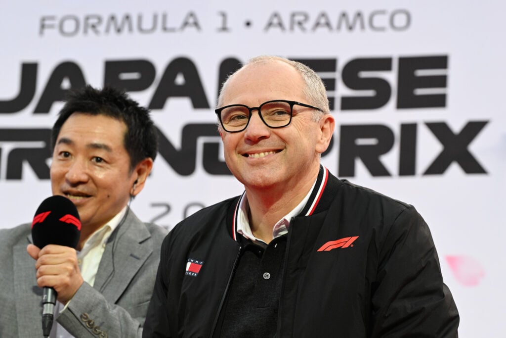 Stefano Domenicali, CEO of the Formula One Group on stage during qualifying ahead of the F1 Grand Prix of Japan at Suzuka Circuit on March 28, 2026 in Suzuka, Japan.