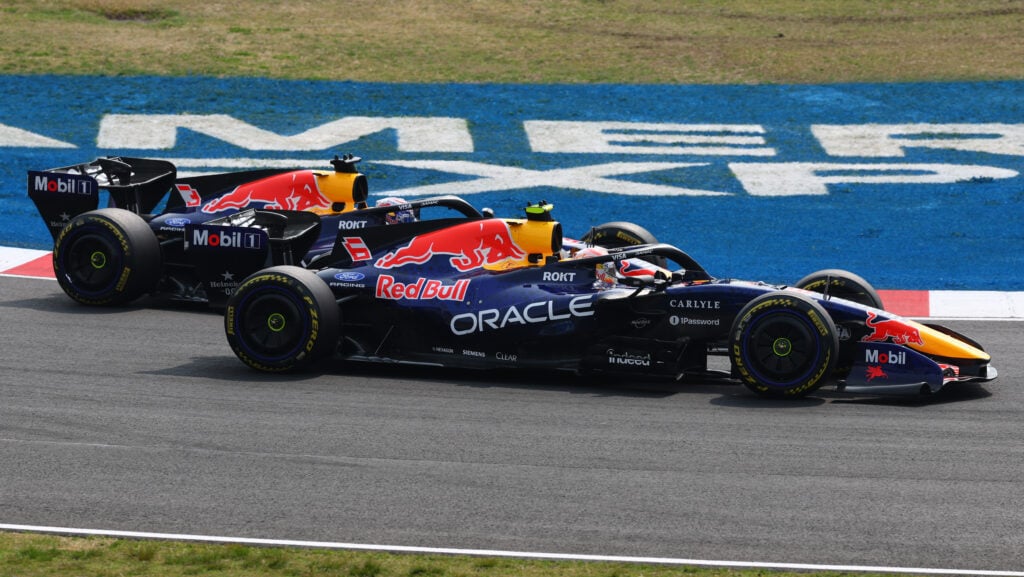 Red Bull drivers Max Verstappen and Isack Hadjar on track at the 2026 F1 Japanese Grand Prix