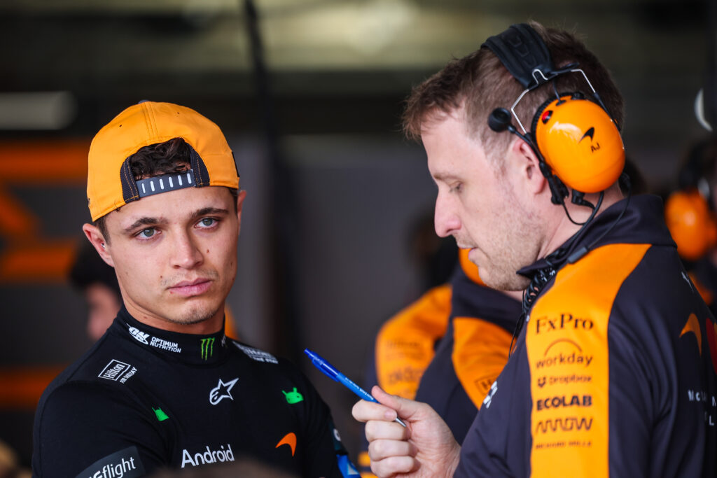 Lando Norris of Great Britain and McLaren Mastercard F1 Team looks on in the garage during the F1 Grand Prix of Japan at Suzuka Circuit on March 29, 2026 in Suzuka, Japan.