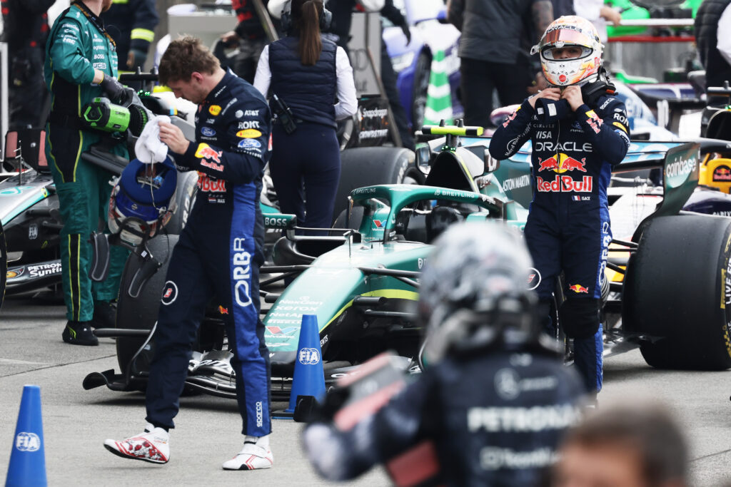 Eighth placed Max Verstappen of the Netherlands and Oracle Red Bull Racing and Twelfth placed Isack Hadjar of France and Oracle Red Bull Racing in parc ferme during the F1 Grand Prix of Japan at Suzuka Circuit on March 29, 2026 in Suzuka, Japan.