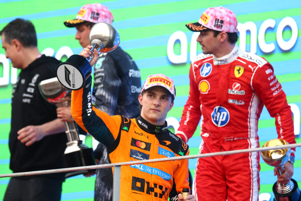 Second placed Oscar Piastri of Australia and McLaren on the podium with his trophy during the F1 Grand Prix of Japan at Suzuka Circuit on March 29, 2026 in Suzuka, Japan.