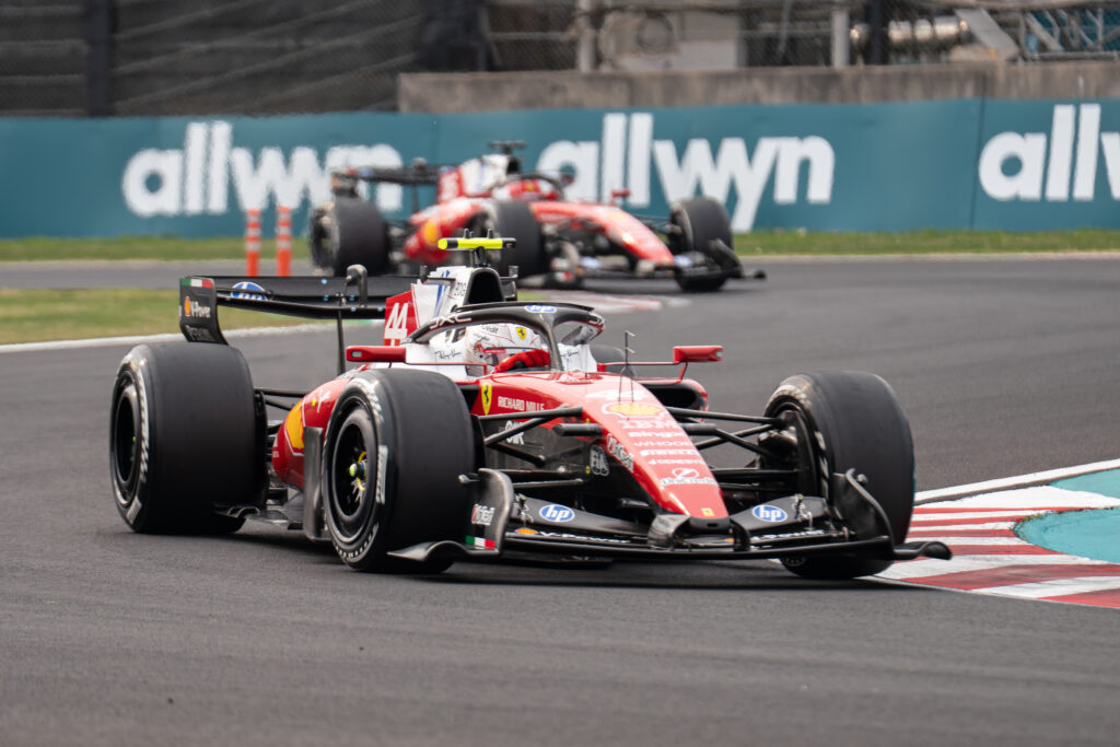 Ferrari driver Charles Leclerc leads Lewis Hamilton on track during the 2026 F1 Japanese Grand Prix