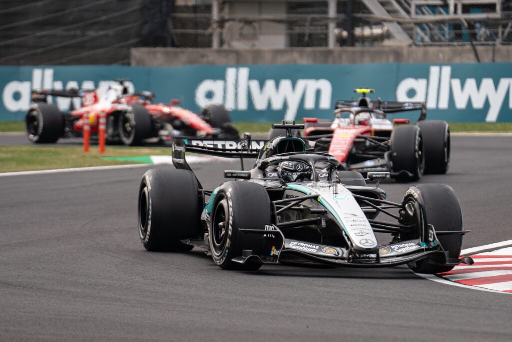 Mercedes-AMG Petronas F1 Team driver #63 George Russell from Great Britain leads Scuderia Ferrari HP driver #44 Lewis Hamilton from Great Britain on track during the race at the 2026 Formula 1 Japanese Grand Prix, round 3 of the FIA Formula 1 World Championship, at Suzuka Circuit in Suzuka, Japan, on March 29, 2026.