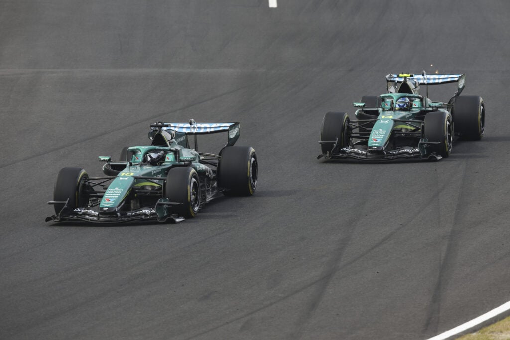 Aston Martin drivers Fernando Alonso and Lance Stroll during the 2026 Japanese Grand Prix