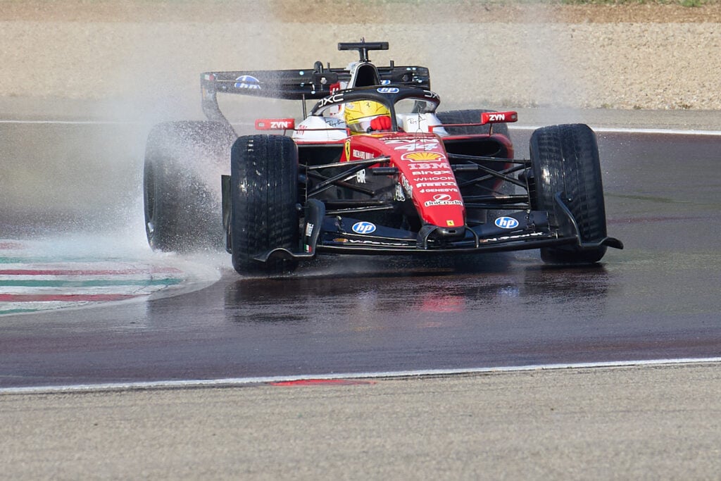 Lewis Hamilton of Great Britain driving the (44) Scuderia Ferrari SF-26 on track during the Ferrari Wet Tyre Testing at Fiorano Circuit on April 10, 2026 in Fiorano Modenese, Italy.