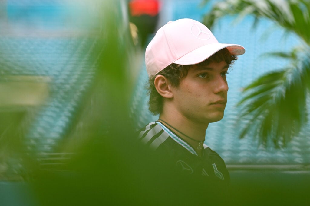 Mercedes driver Andrea Kimi Antonelli in the F1 paddock inside Hard Rock Stadium ahead of the 2026 Miami Grand Prix