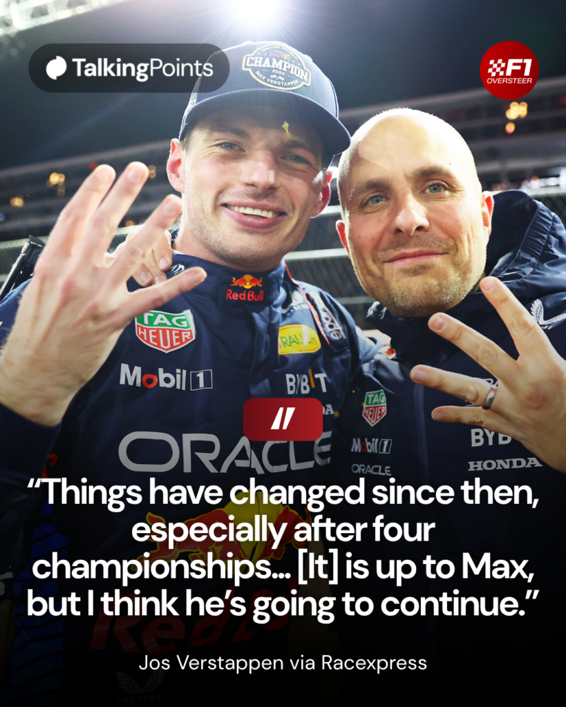 Red Bull driver Max Verstappen celebrates with Gianpiero Lambiase after winning his fourth F1 title at the 2024 Las Vegas Grand Prix