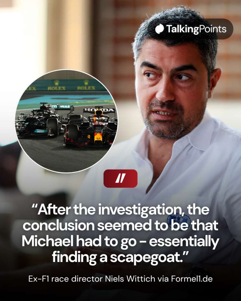 FIA F1 race director Michael Masi speaks ahead of the 2021 Abu Dhabi Grand Prix, with an inset of Red Bull's Max Verstappen fighting Mercedes' Lewis Hamilton on track in Abu Dhabi