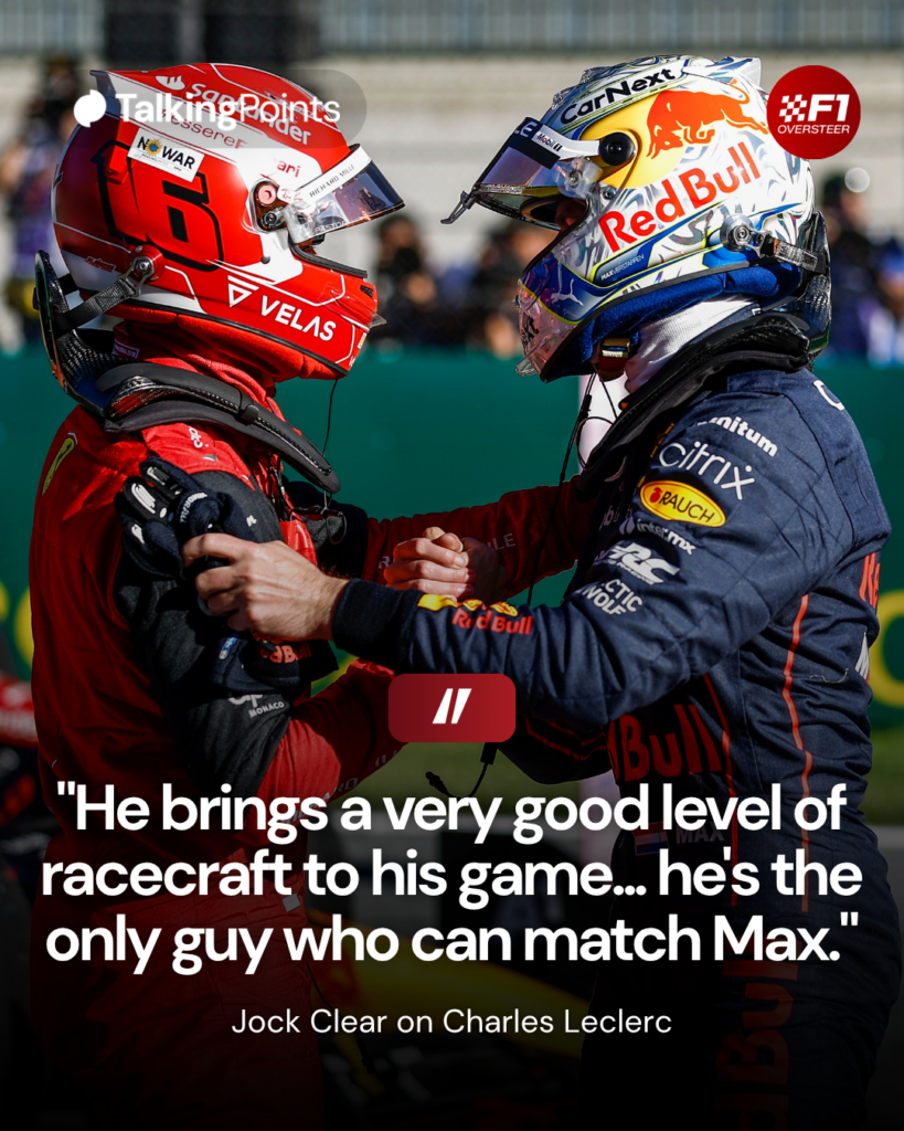 Max Verstappen of Red Bull congratulates Charles Leclerc of Ferrari on winning the 2022 Austrian GP