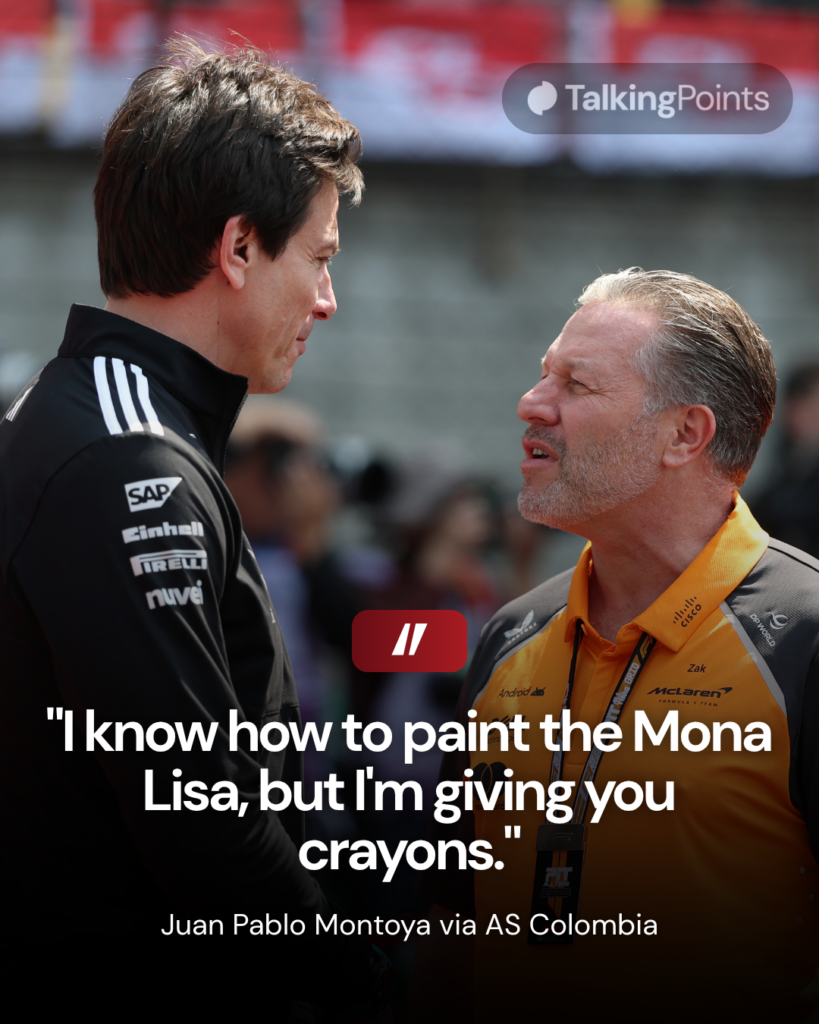 Toto Wolff of Mercedes speaks to Zak Brown of McLaren