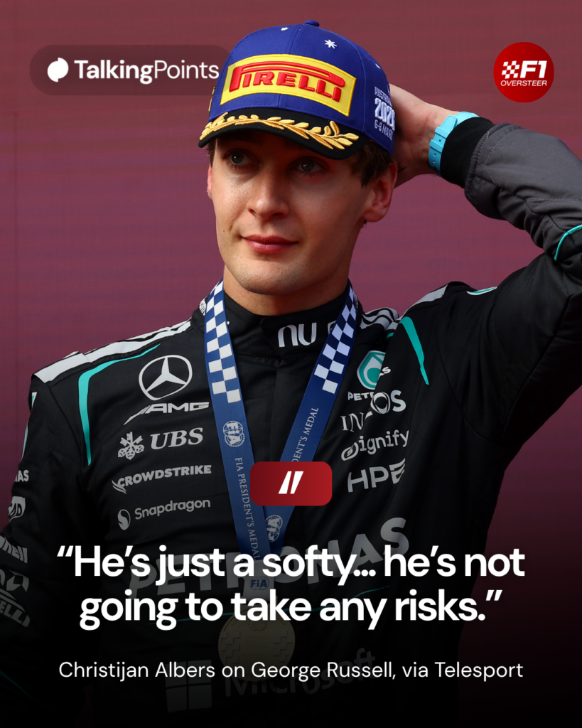 Mercedes driver George Russell stands on the podium after winning the 2026 Australian Grand Prix