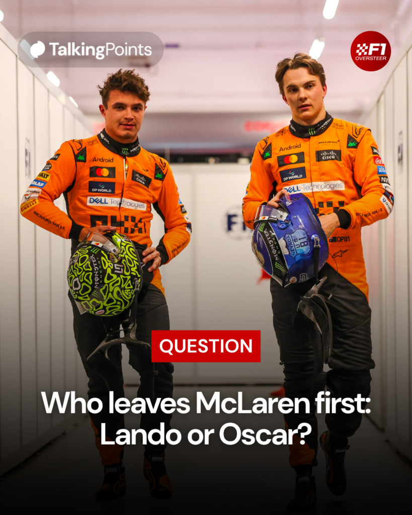 Oscar Piastri and Lando Norris of McLaren leave the FIA garage at the Las Vegas Grand Prix