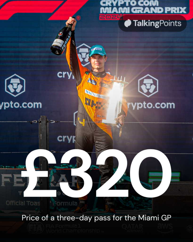 Lando Norris of McLaren celebrates on the 2024 Miami Grand Prix podium