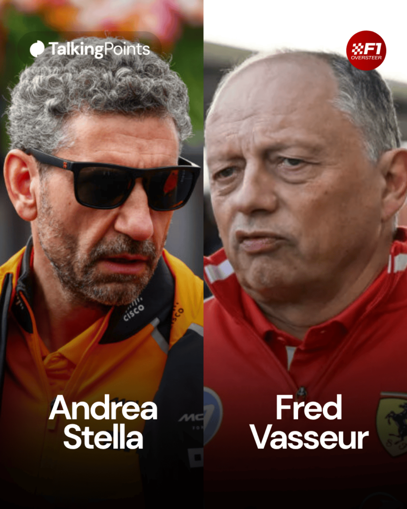 A graphic of McLaren team principal Andrea Stella and Ferrari team principal Fred Vasseur walking in the paddock