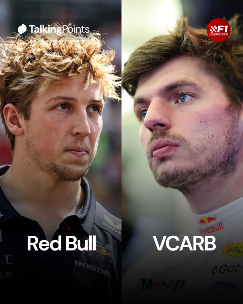 Liam Lawson in Red Bull colours; Max Verstappen in the Red Bull garage