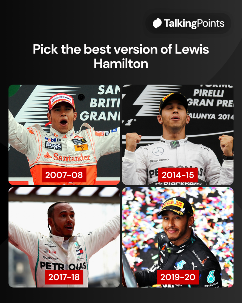 Lewis Hamilton celebrating on the Formula 1 podium in four different eras