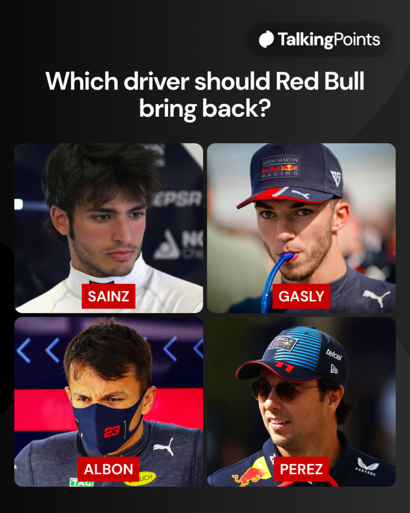 Images of Carlos Sainz, Pierre Gasly, Alex Albon and Sergio Perez during their time in the Red Bull F1 set-up
