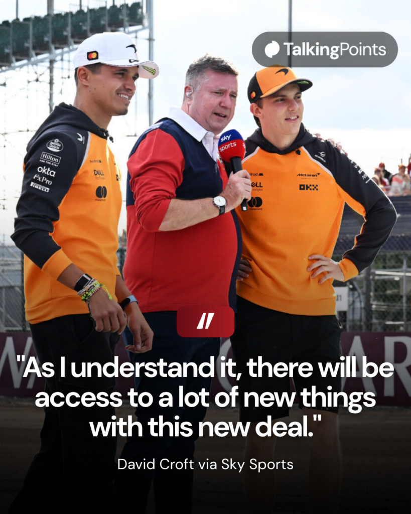 Lando Norris of Great Britain and McLaren and Oscar Piastri of Australia and McLaren are interviewed by David Croft during previews ahead of the F1 Grand Prix of Great Britain at Silverstone Circuit on July 03, 2025 in Northampton, England.