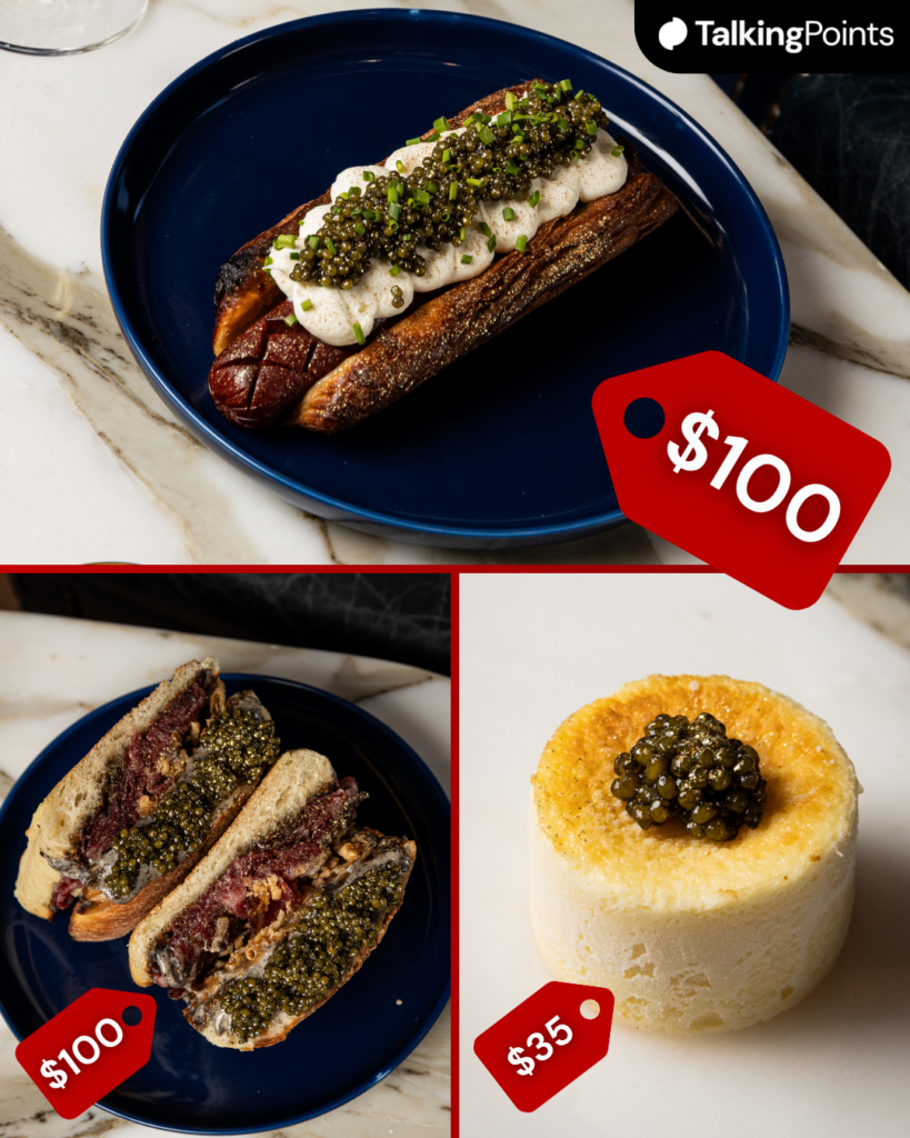 Grid image of three extravagant meals being served at the Miami Grand Prix, including a gold covered hot dog, a Waguy and caviar sandwich and a caviar cheesecake