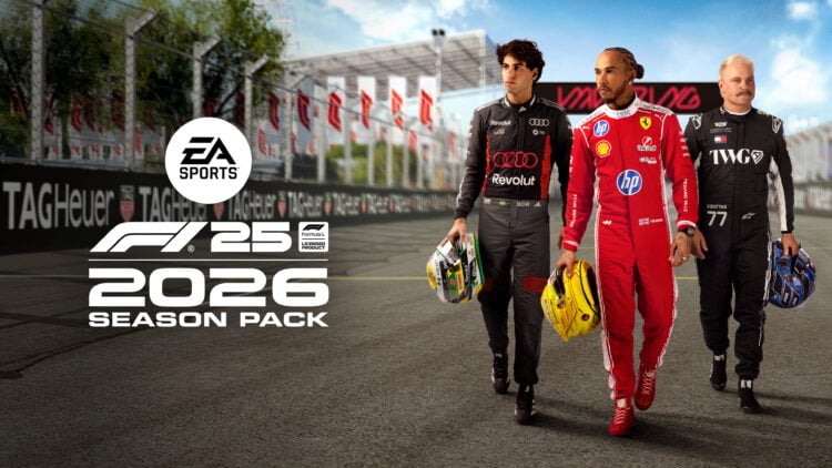 Cover image for the F1 25: 2026 Season Pack featuring Gabriel Bortoleto, Lewis Hamilton and Valtteri Bottas carrying their helmets as they walk on ...