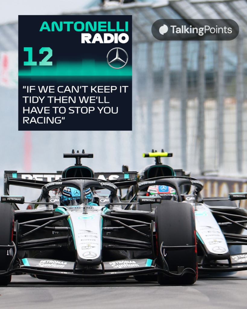 George Russell and Kimi Antonelli of Mercedes battle at the Canadian Grand Prix