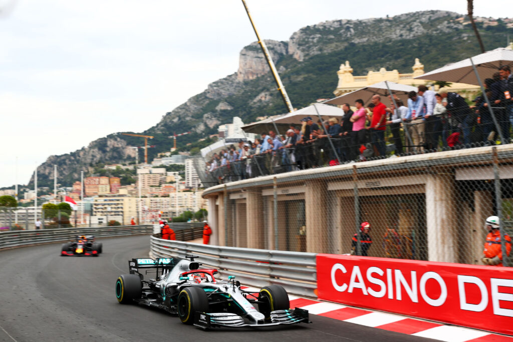 Lewis Hamilton on track through Massenet during his 2019 F1 Monaco Grand Prix win for Mercedes