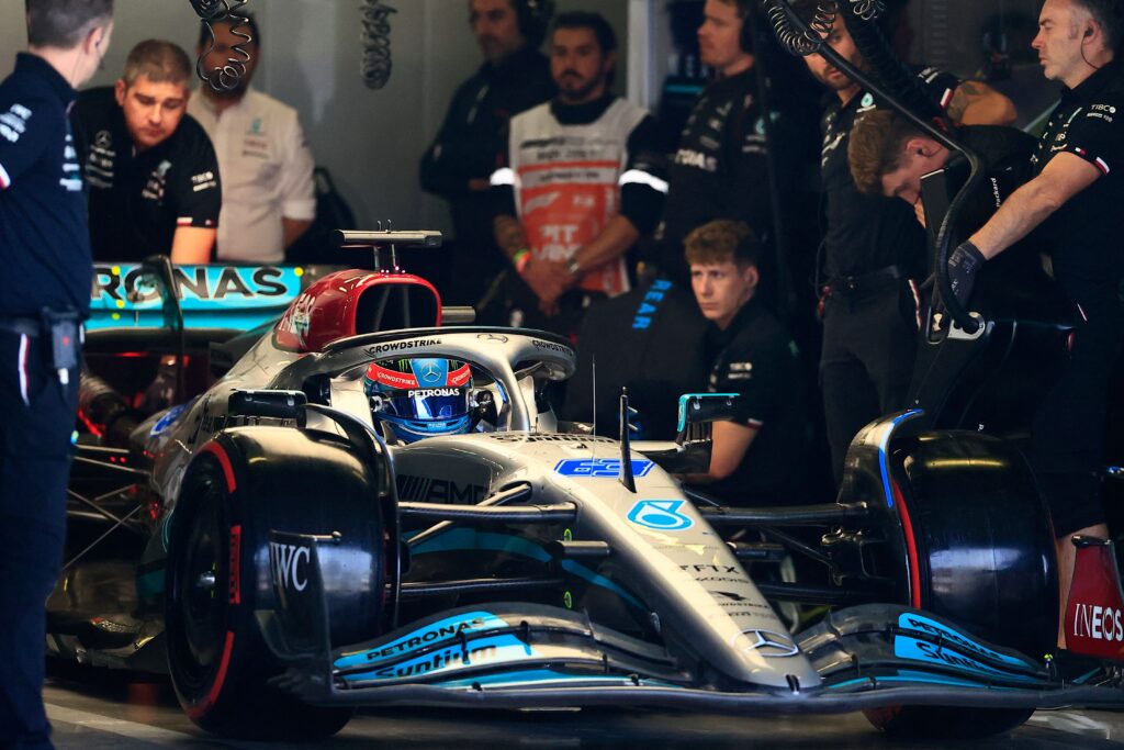 Mercedes' British driver George Russell pulls out of the garage during the qualifying session for the Formula One Mexico Grand Prix, at the Hermanos Rodriguez racetrack in Mexico City on October 29, 2022.