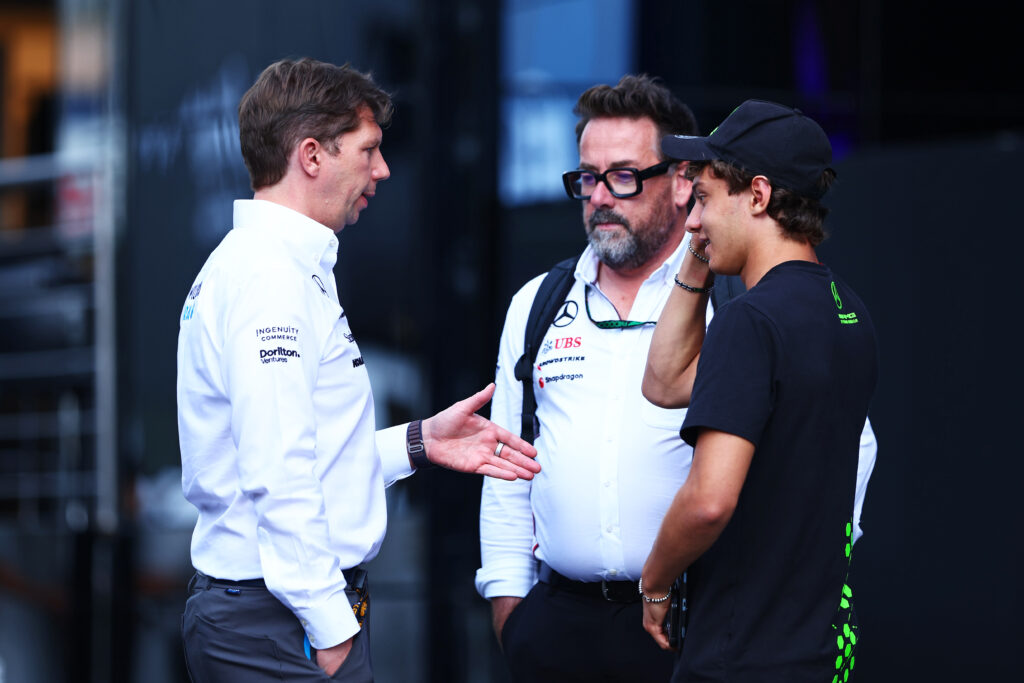James Vowles, Team Principal of Williams talks with Andrea Kimi Antonelli of Italy and Mercedes, and Gwen Lagrue, Mercedes Driver Program Advisor in the Paddock during previews ahead of the F1 Grand Prix of Austria at Red Bull Ring on June 27, 2024 in Spielberg, Austria.