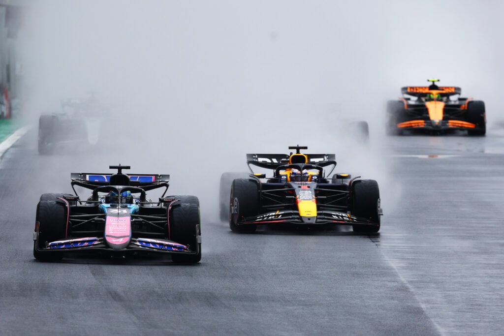 Red Bull's Max Verstappen on track in the rain during the 2024 F1 Sao Paulo Grand Prix