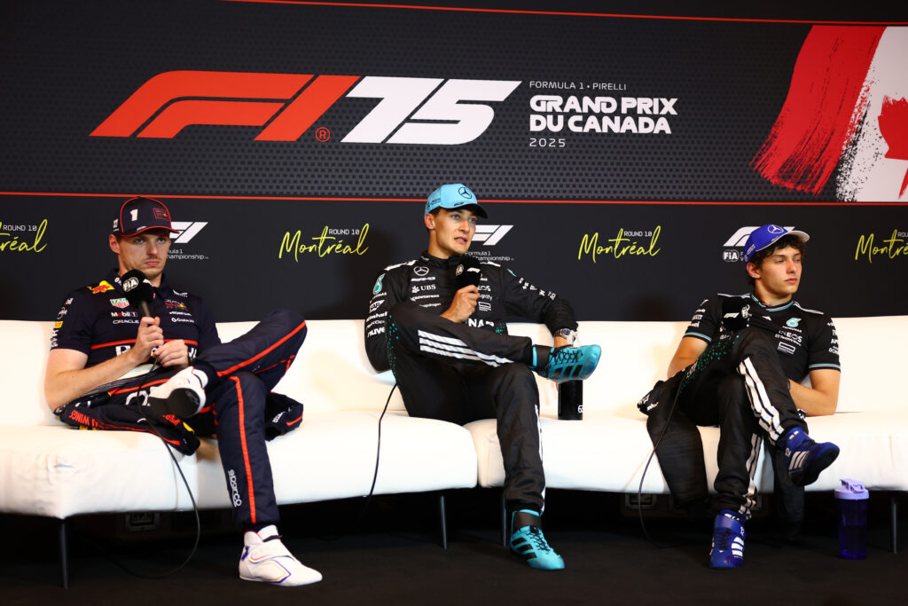 Race winner George Russell of Great Britain and Mercedes AMG Petronas F1 Team Second placed Max Verstappen of the Netherlands and Oracle Red Bull Racing and Third placed Andrea Kimi Antonelli of Italy and Mercedes AMG Petronas F1 Team in the Drivers Press Conference during the F1 Grand Prix of Canada at Circuit Gilles-Villeneuve on June 15, 2025 in Montreal, Quebec.