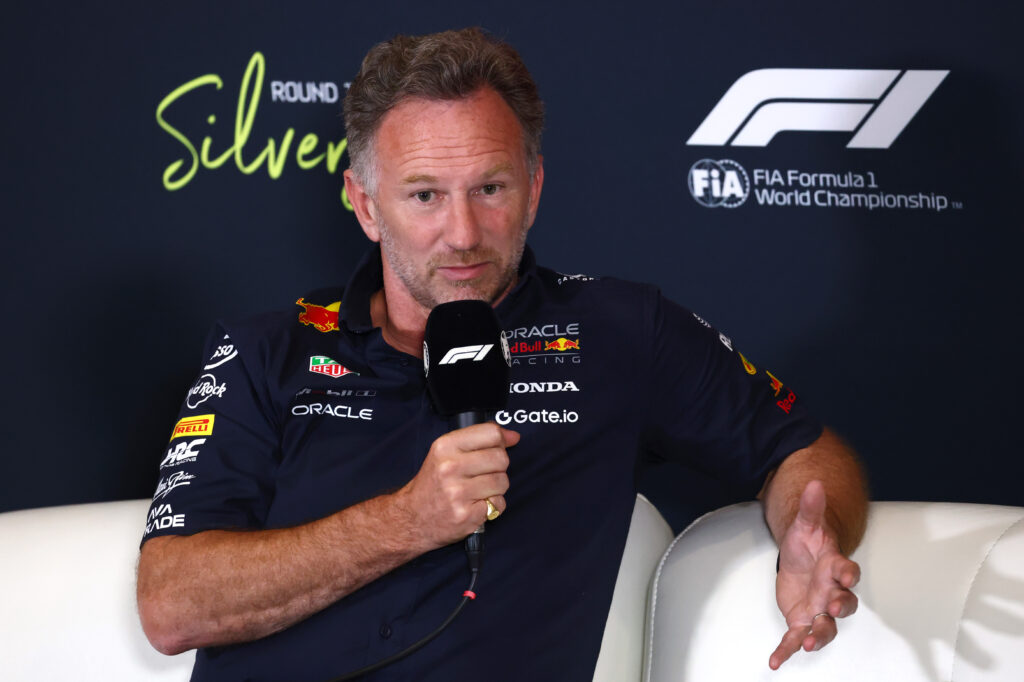 Christian Horner, Team Principal of Oracle Red Bull Racing in the Team Principals Press Conference during practice ahead of the F1 Grand Prix of Great Britain at Silverstone Circuit on July 04, 2025 in Northampton, England.