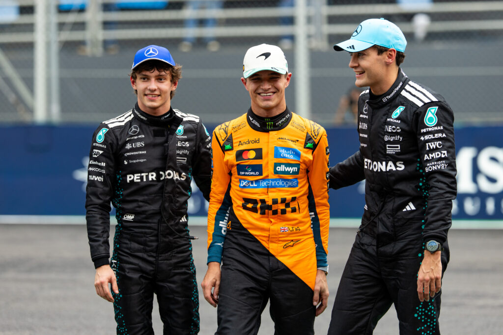 Lando Norris of McLaren with Kimi Antonelli and George Russell of Mercedes after qualifying at the Brazilian Grand Prix.
