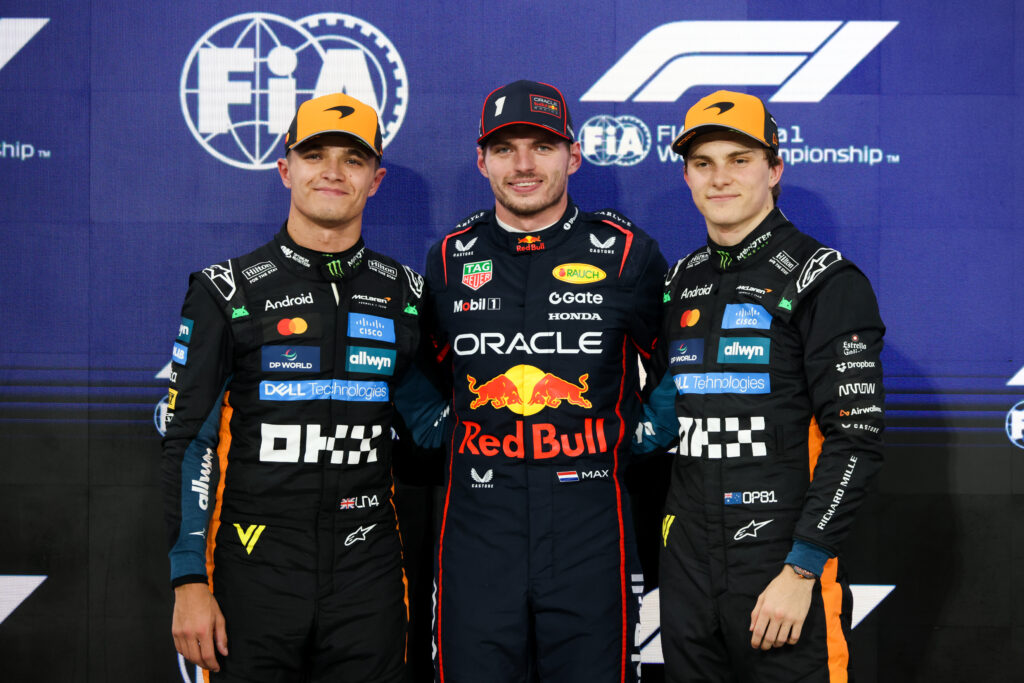 Max Verstappen of Red Bull Racing, Lando Norris of McLaren and Oscar Piastri of McLaren after the qualifying session ahead of Formula 1 Abu Dhabi Grand Prix at Yas Marina Circuit on December 6th, 2025 in Abu Dhabi, United Arab Emirates.