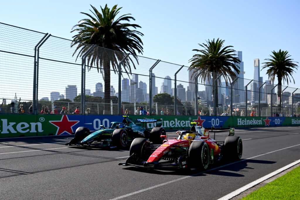 Ferrari driver Lewis Hamilton on track with Aston Martin's Fernando Alonso during practice at the 2026 F1 Australian Grand Prix
