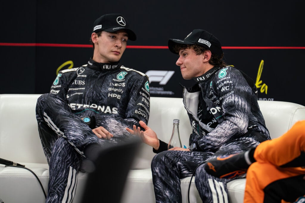 Mercedes-AMG Petronas F1 Team drivers #63 George Russell (GBR) and #12 Andrea Kimi Antonelli (ITA) attend the post-race press conference at the 2026 Formula 1 Japanese Grand Prix, round 3 of the FIA Formula 1 World Championship, at Suzuka Circuit in Suzuka, Japan, on March 28, 2026.