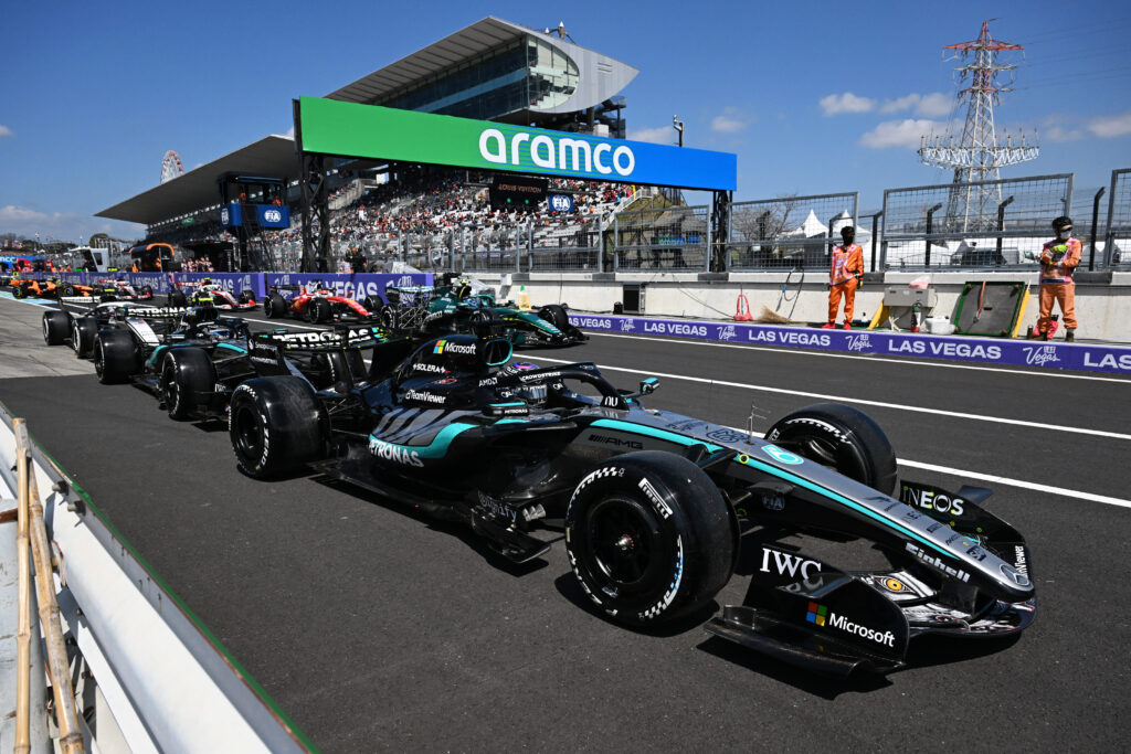 George Russell of Great Britain driving the (63) Mercedes AMG Petronas F1 Team W17 and Andrea Kimi Antonelli of Italy driving the (12) Mercedes AMG Petronas F1 Team W17 in the Pitlane during practice ahead of the F1 Grand Prix of Japan at Suzuka Circuit on March 27, 2026 in Suzuka, Japan.