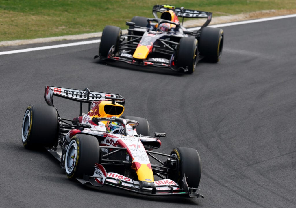 Racing Bulls driver Arvid Lindblad on track with Red Bull's Isack Hadjar during the 2026 F1 Japanese Grand Prix