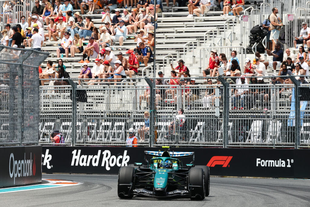 Aston Martin's Spanish driver Fernando Alonso races during a practice session for the 2026 Miami Formula One Grand Prix at Miami International Autodrome in Miami Gardens, Florida, on May 1, 2026.