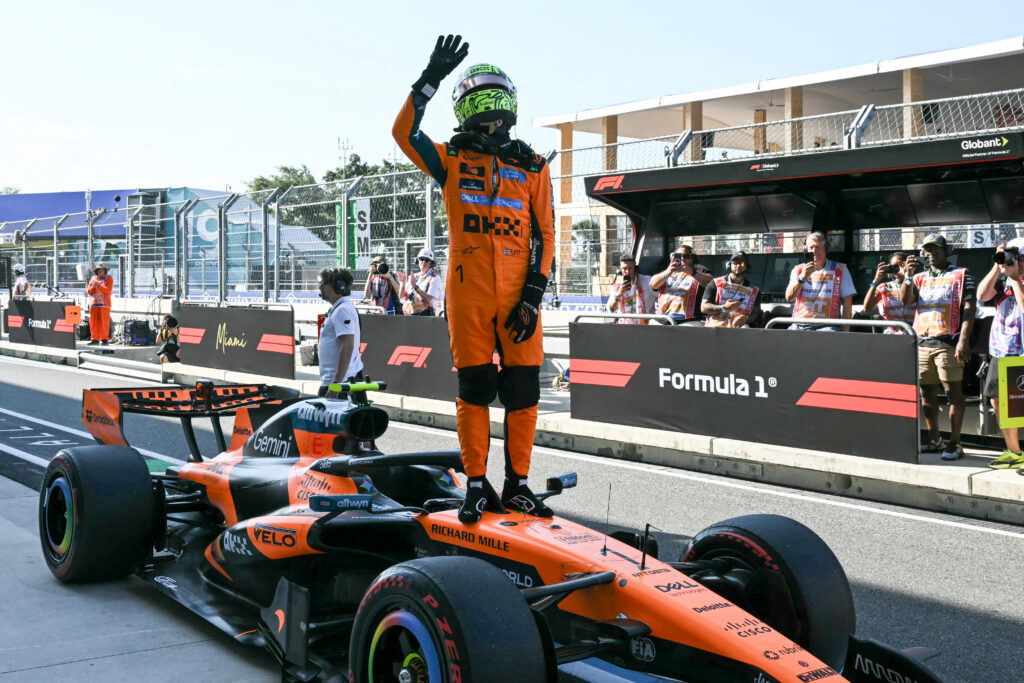 McLaren driver Lando Norris celebrates after scoring F1 Sprint pole at the 2026 Miami Grand Prix