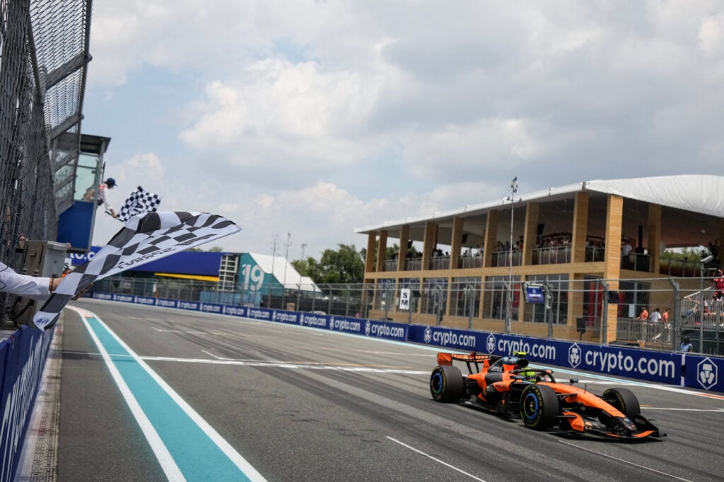 McLaren driver Lando Norris crosses the finish line to win the F1 Sprint at the 2026 Miami Grand Prix