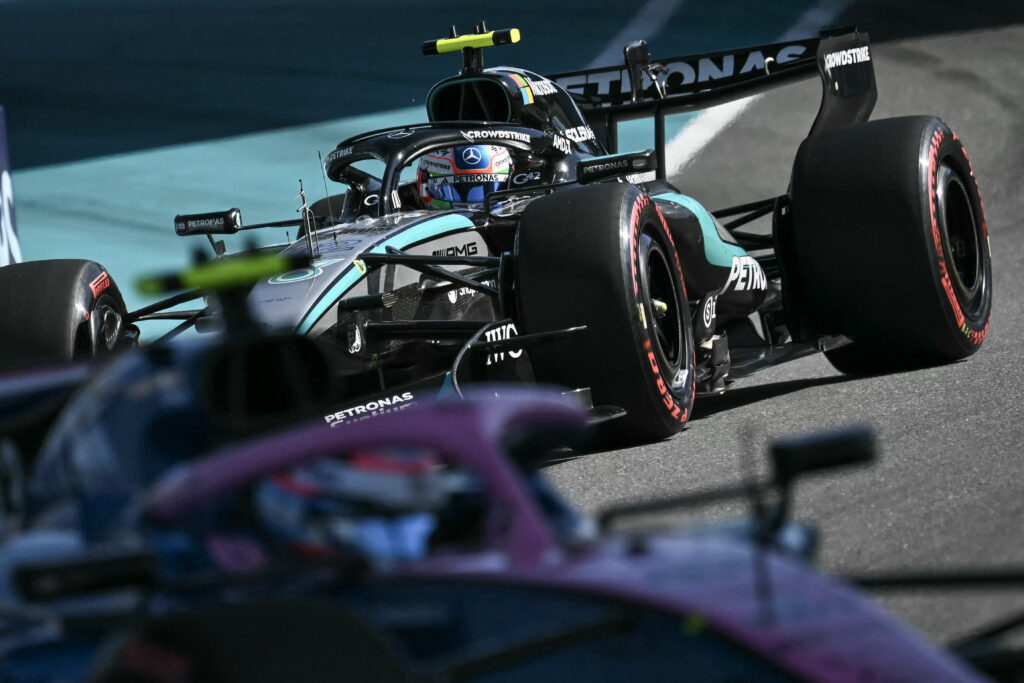 Alpine driver Franco Colapinto leads Mercedes' Andrea Kimi Antonelli on track during qualifying for the 2026 F1 Miami Grand Prix