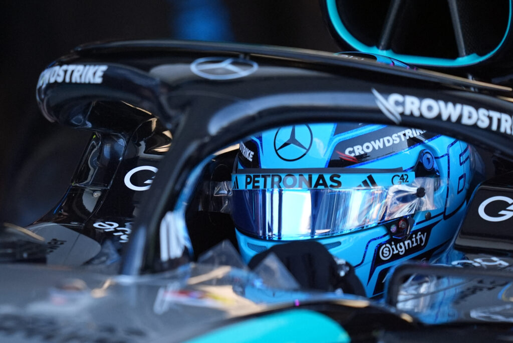 Mercedes driver George Russell sits in his car during qualifying for the 2026 F1 Miami Grand Prix