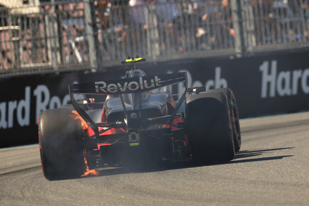 Audi driver Gabriel Bortoleto's rear brake catches fire during qualifying for the 2026 F1 Miami Grand Prix