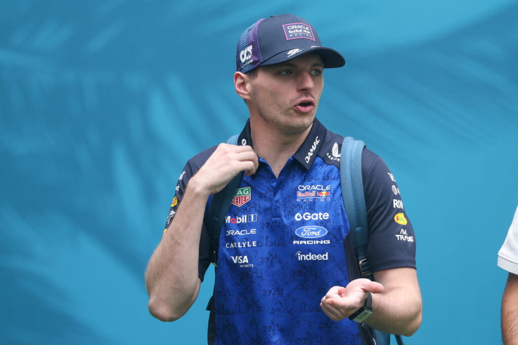 Max Verstappen (3) of the Netherlands and Oracle Red Bull Racing enters team village ahead of the Formula 1 Crypto.com Grand Prix on May 3, 2026, at Miami International Autodrome in Miami Gardens, Florida.