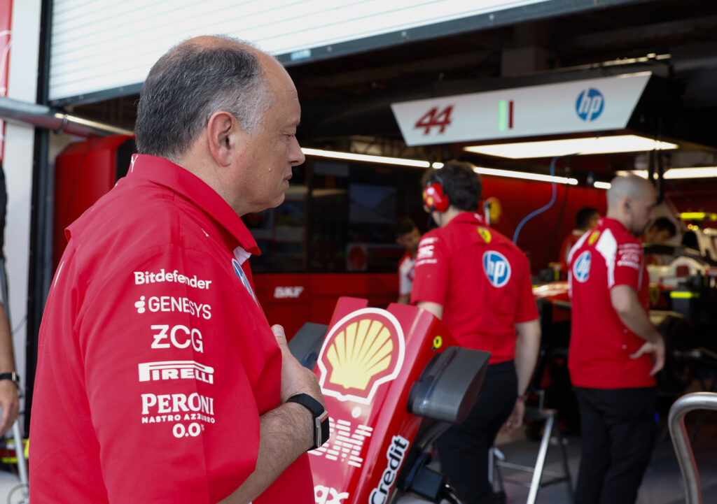 Ferrari team principal Fred Vasseur looks into the garage during qualifying for the 2026 F1 Miami Grand Prix